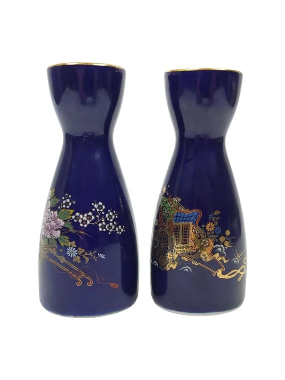 Japanese Kutani Style Cobalt Blue Ceramic Sake Carafe Set Flower Vintage Japan